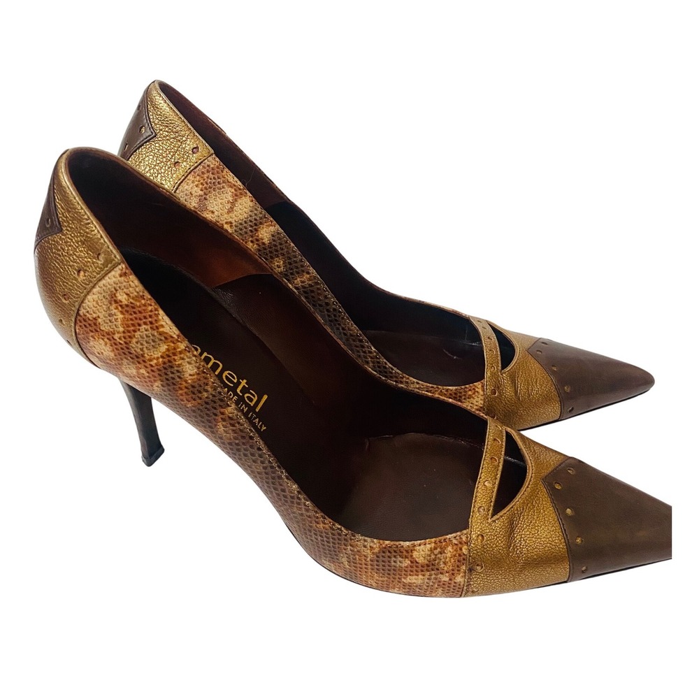 GunMetal shoes Italy Snakeskin Metallic Gold Brown Leather Pointed Pumps Sz 8.5
